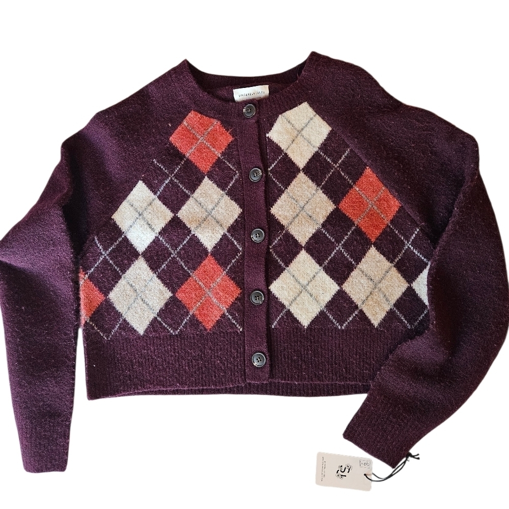 Sincerely Jules Purple Argyle Cardigan Wool Blend Sweater NEW